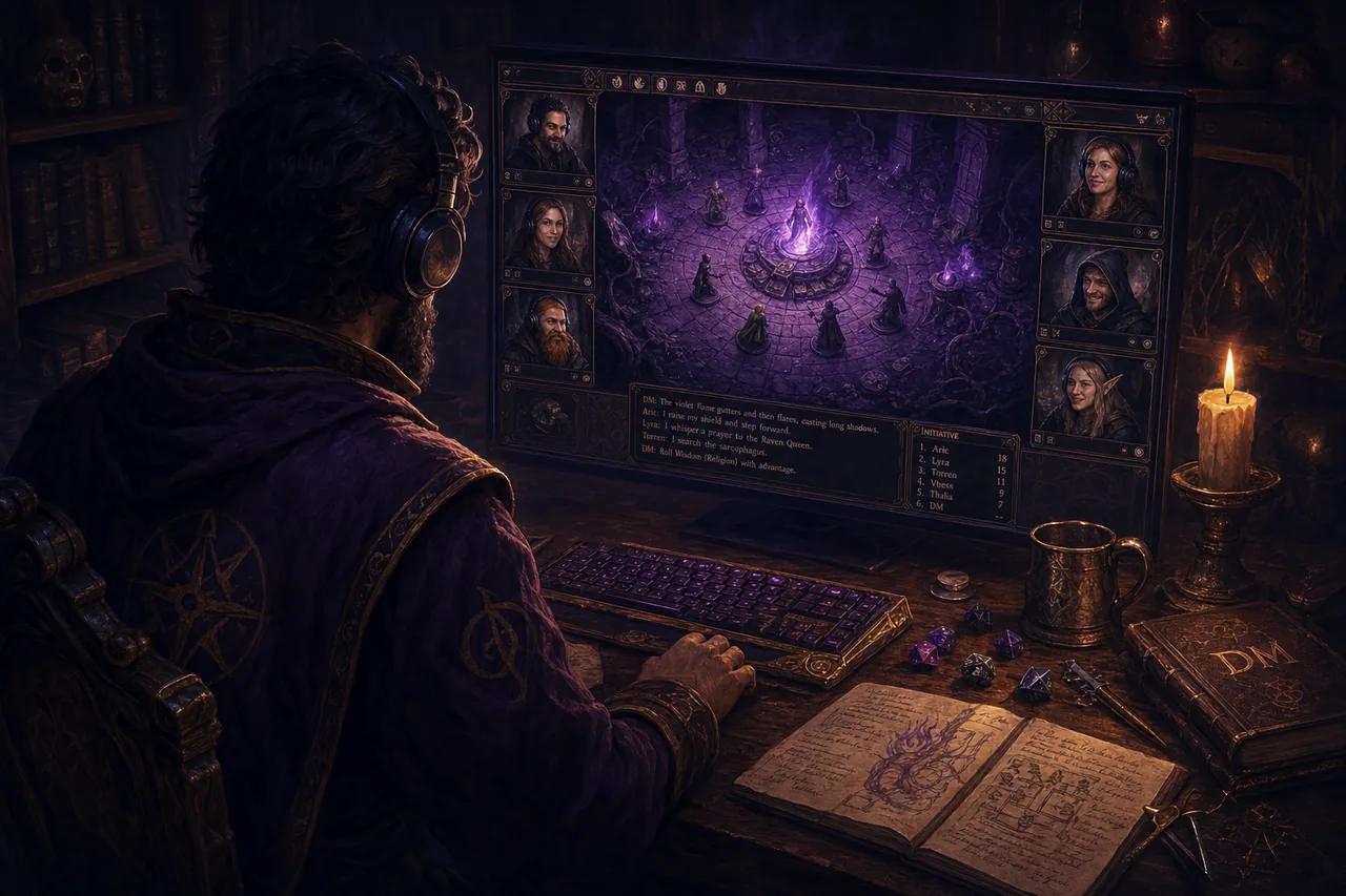 Illustration of a DM wearing headphones at a desk, the monitor showing a battle map ringed by video portraits of five remote party members