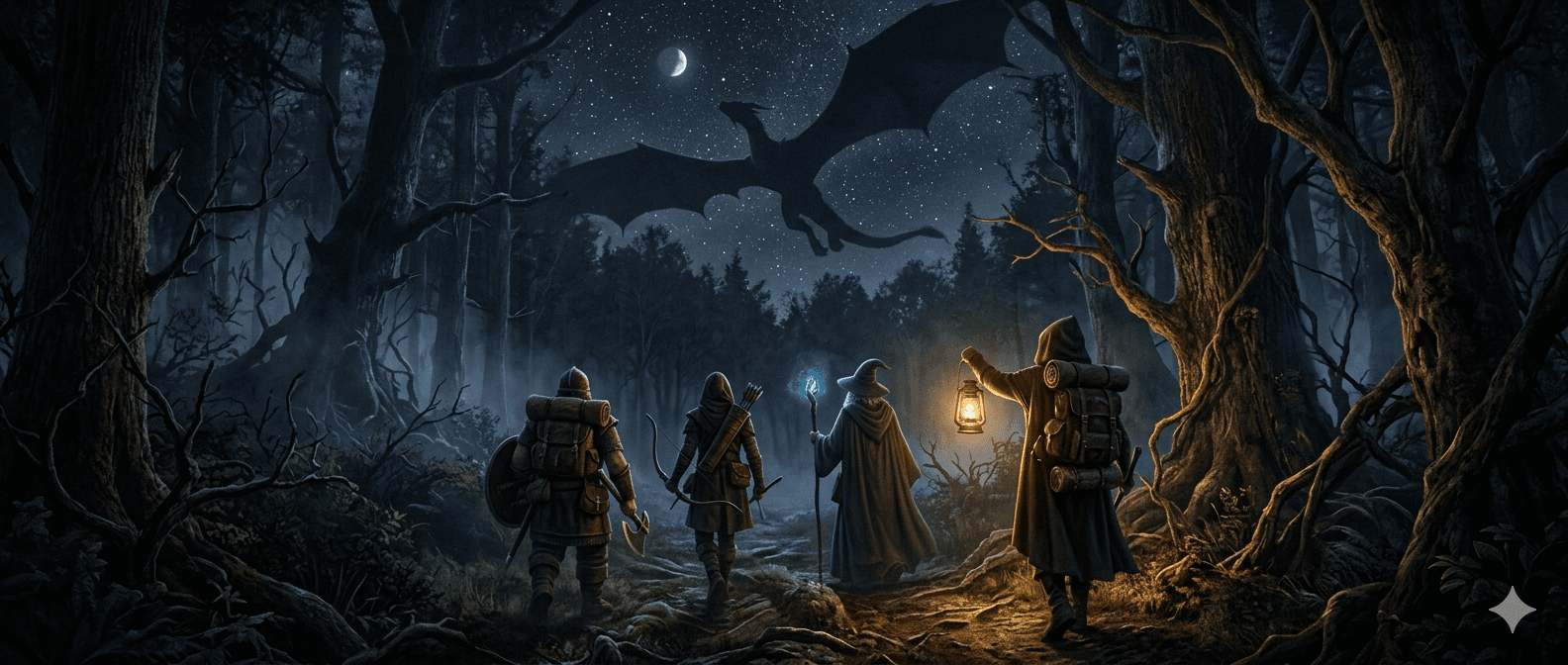 Moonlit adventuring party entering a dark forest beneath a dragon