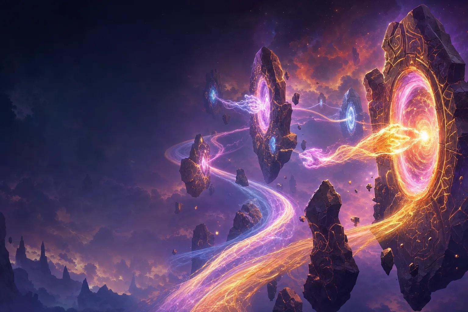 Illustration of glowing arcane portals passing energy between floating stones, representing Tavern Scribe integrations like the Discord bot