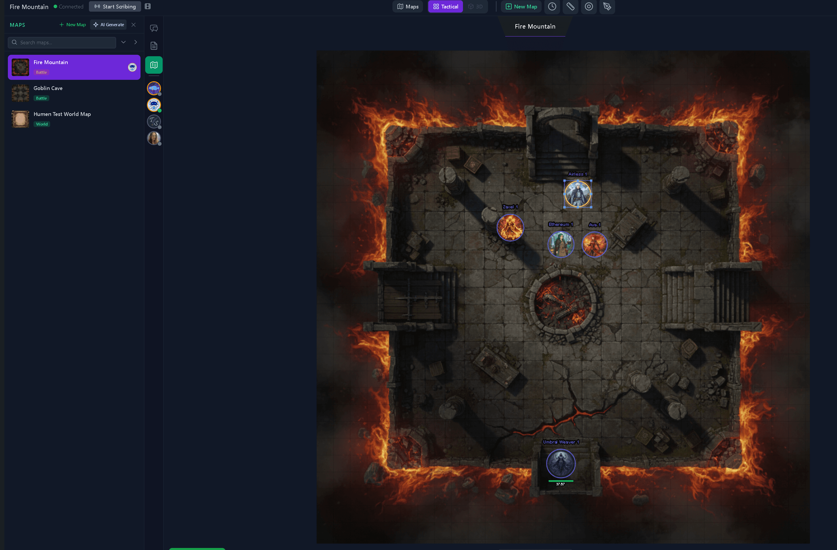 Live battle map with tokens on the Tavern Scribe virtual tabletop