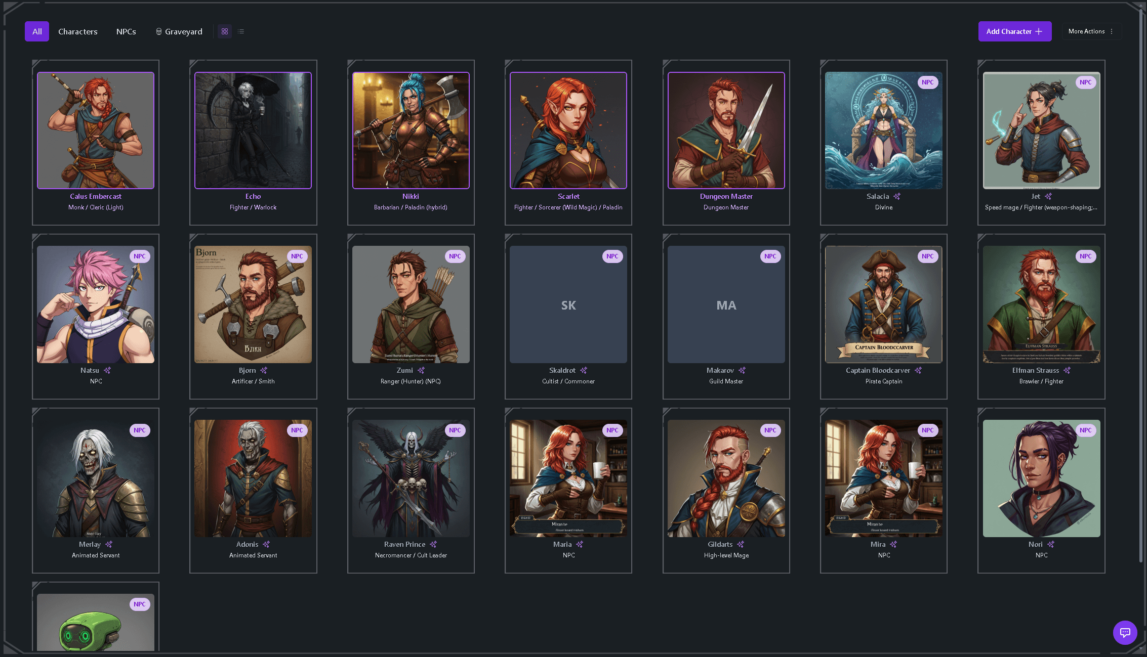 Character roster in Tavern Scribe with portraits and classes for player characters and NPCs