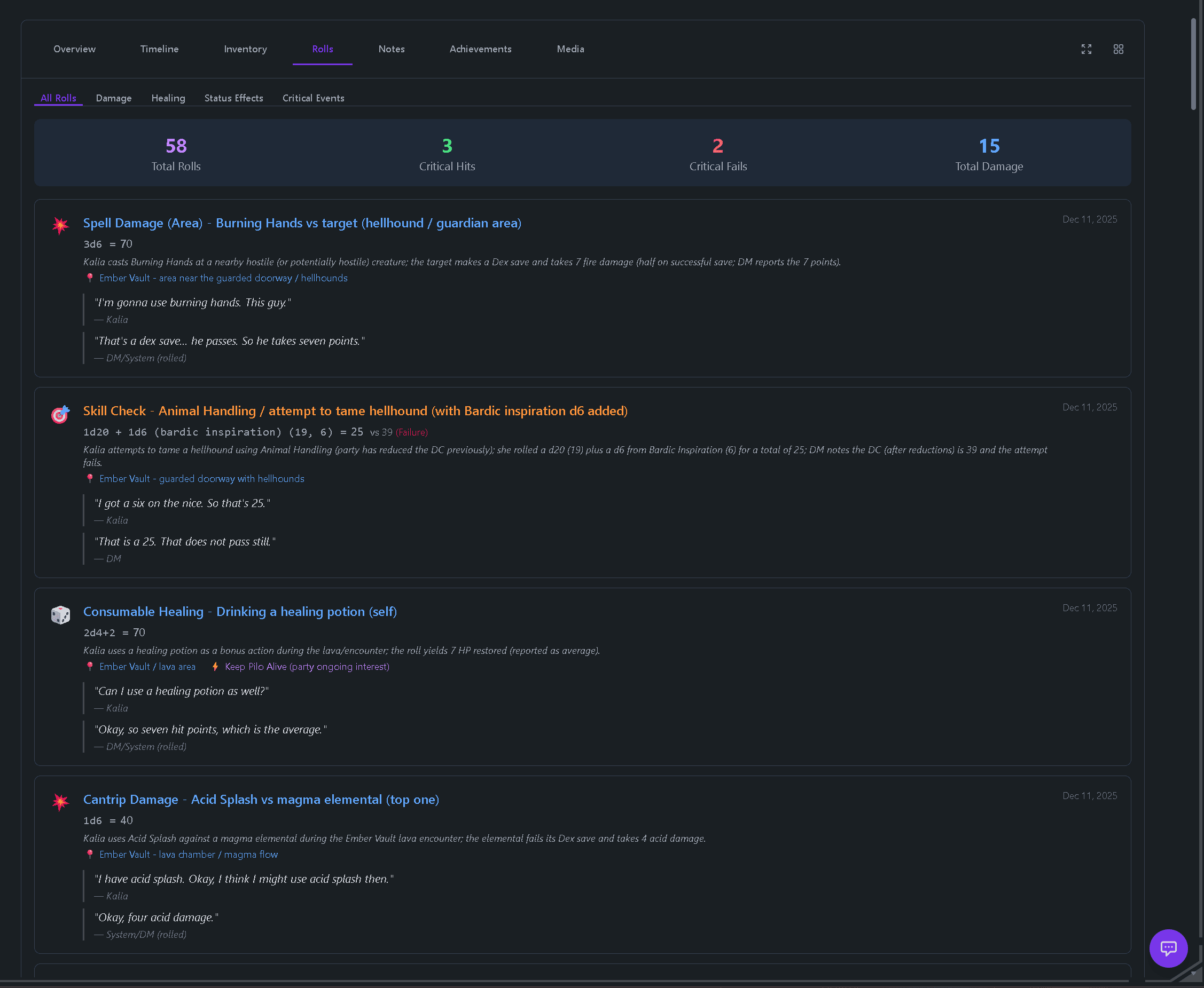 Dice roll statistics in Tavern Scribe showing roll history and critical hits