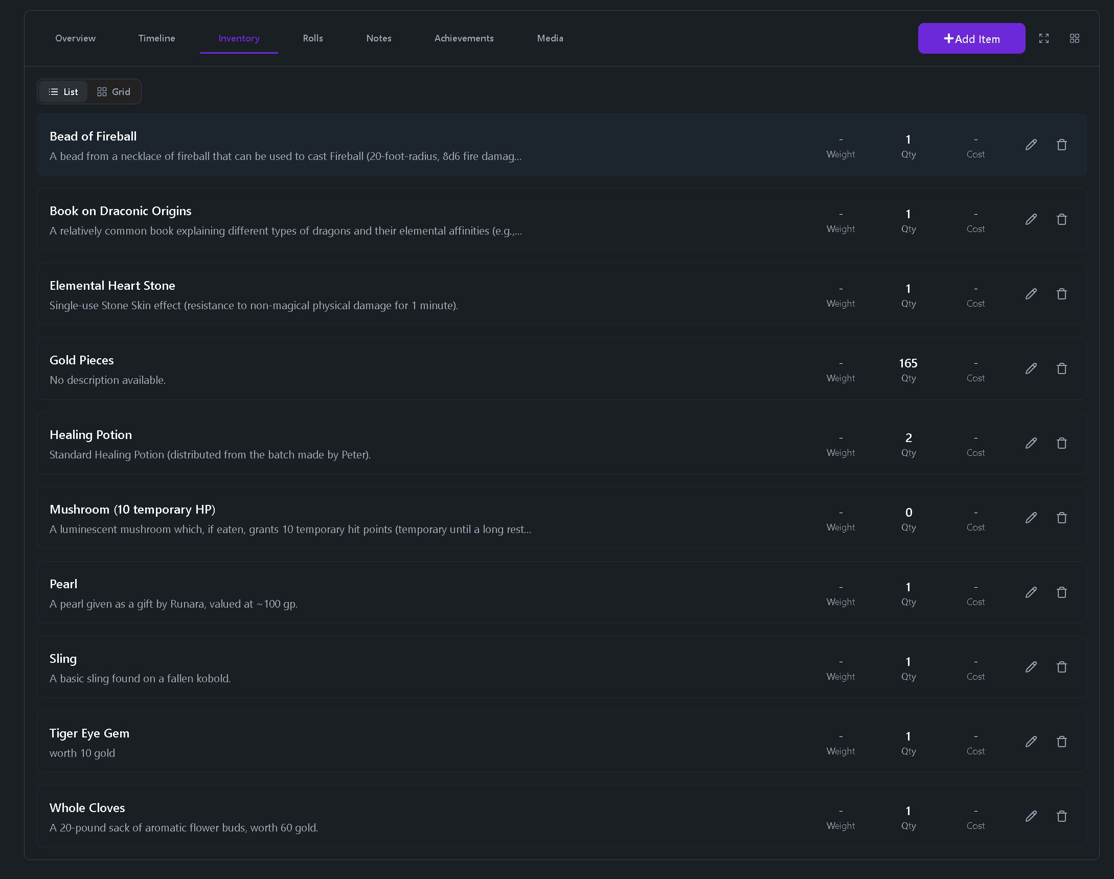 Party inventory in Tavern Scribe tracking items, quantities, and value