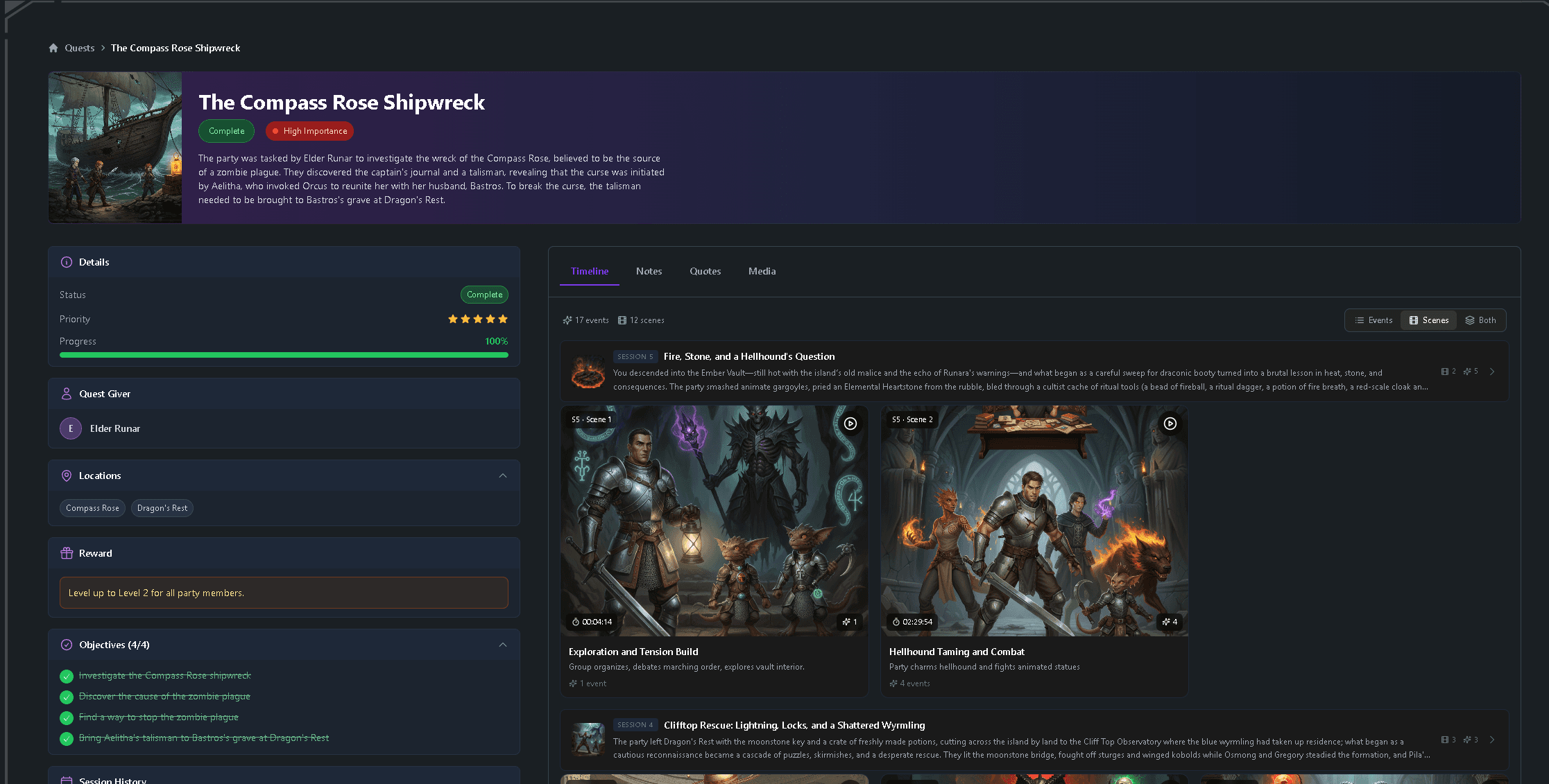 A D&D quest board with active, available, and completed quests tracked in a campaign workspace