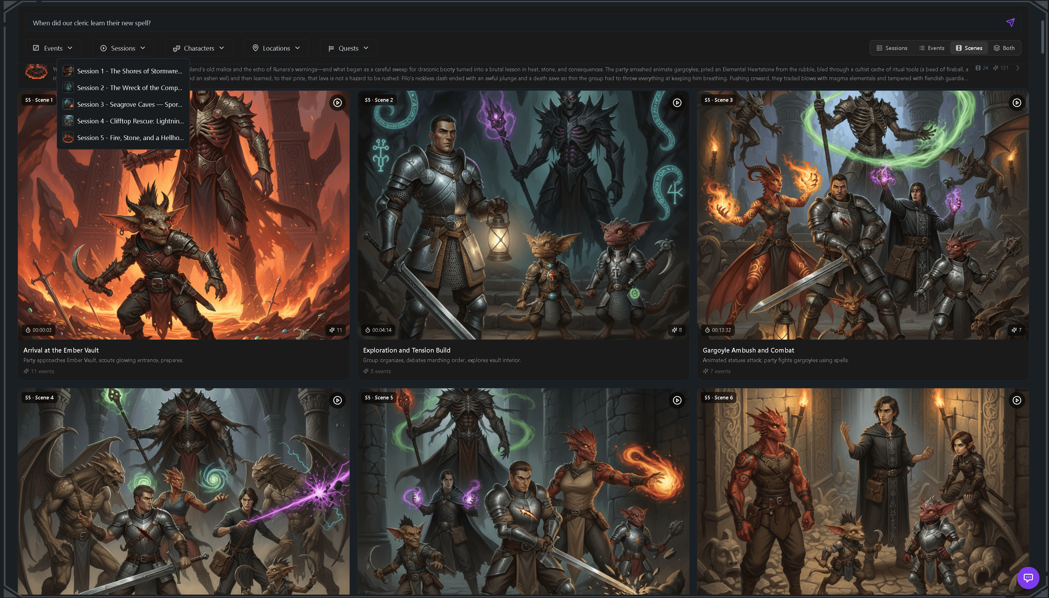 Search and filters across campaign history in Tavern Scribe
