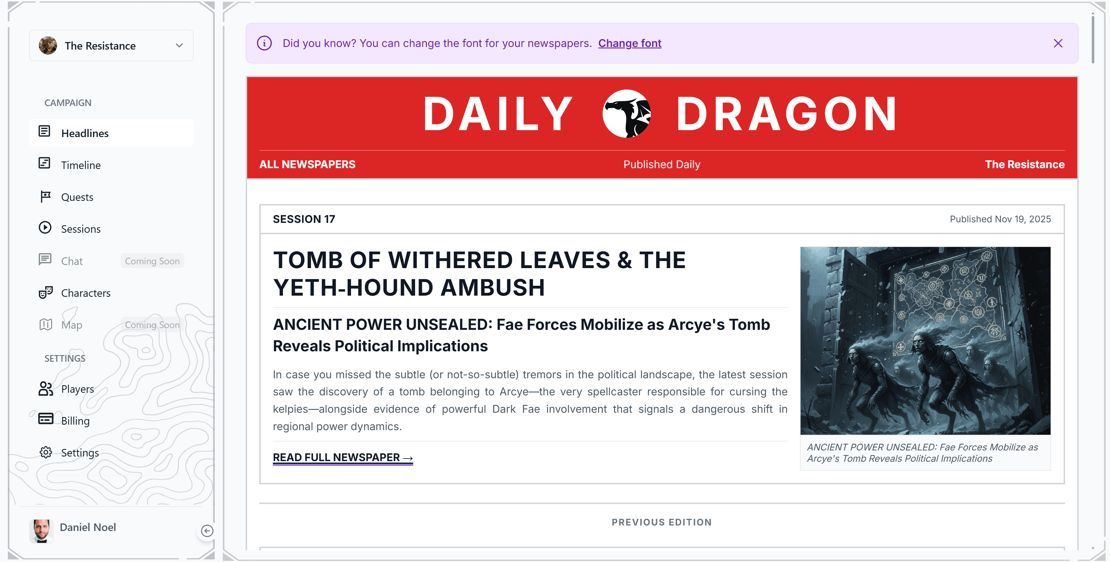 Campaign Newspaper preview in Tavern Scribe