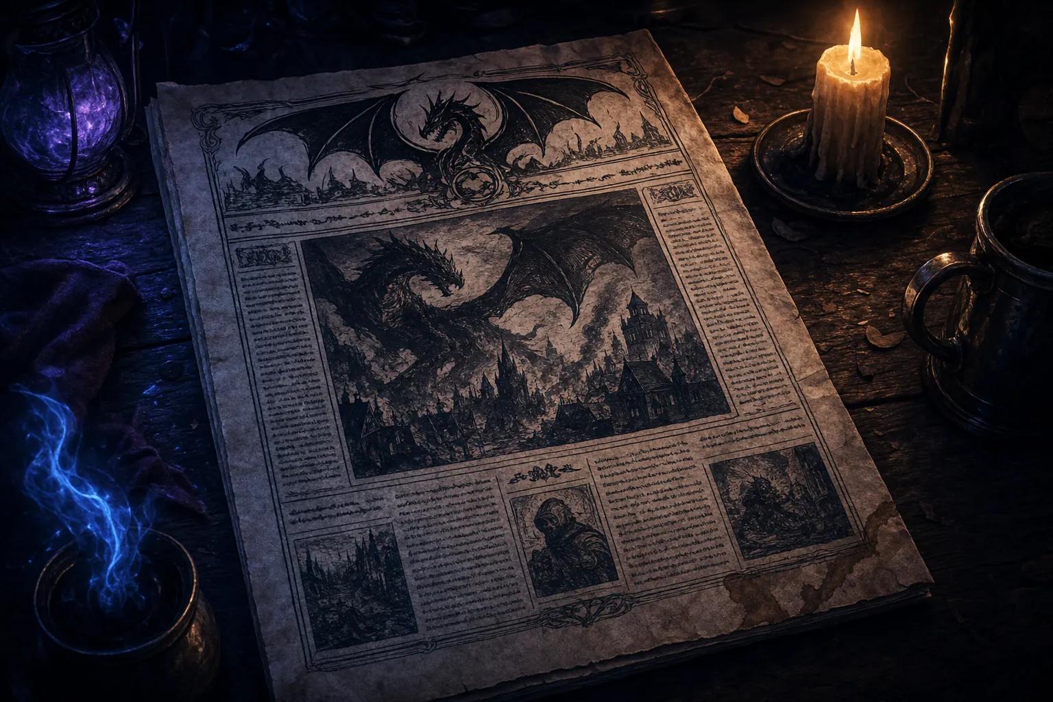 A fantasy broadsheet newspaper with a dragon masthead