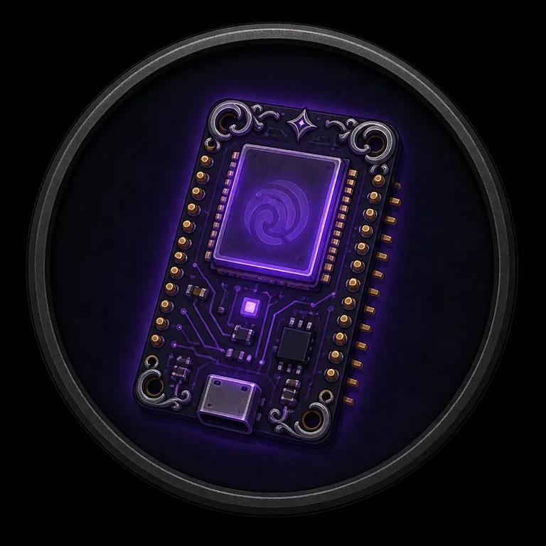 An ESP32 microcontroller rendered as an enchanted arcane artifact with violet-glowing traces