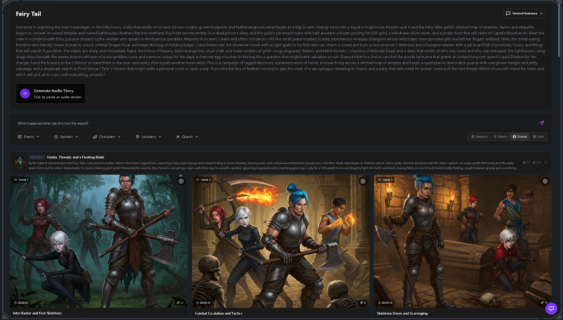 AI-generated event timeline built from a D&D session recording in Tavern Scribe