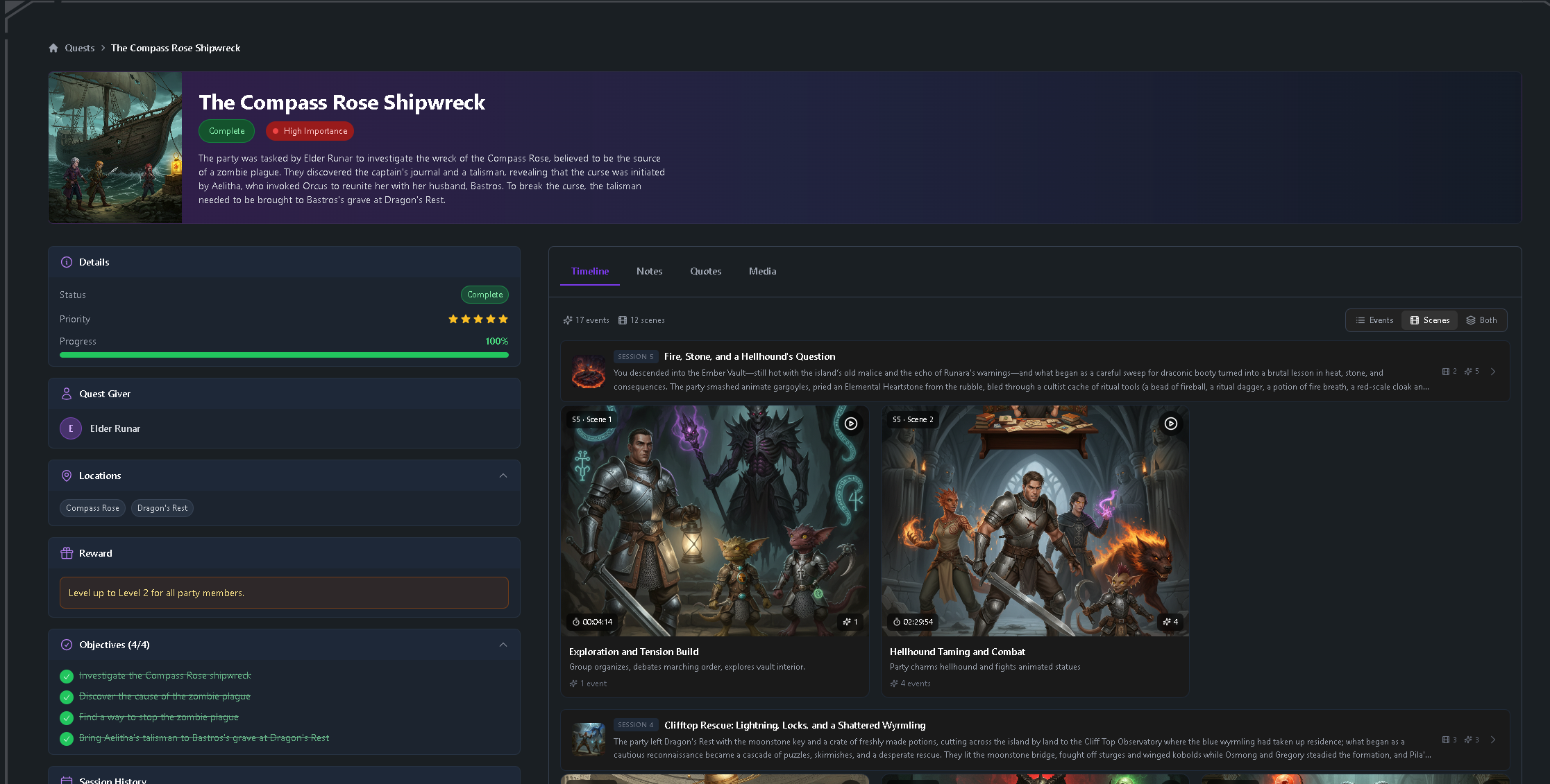 A quest detail page in Tavern Scribe showing status, objectives, quest giver, reward, and the session scenes where the quest advanced